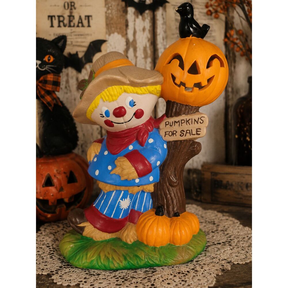 Vintage Handmade Ceramic Scarecrow Pumpkin Crow Halloween Fall Decor Folk Art
